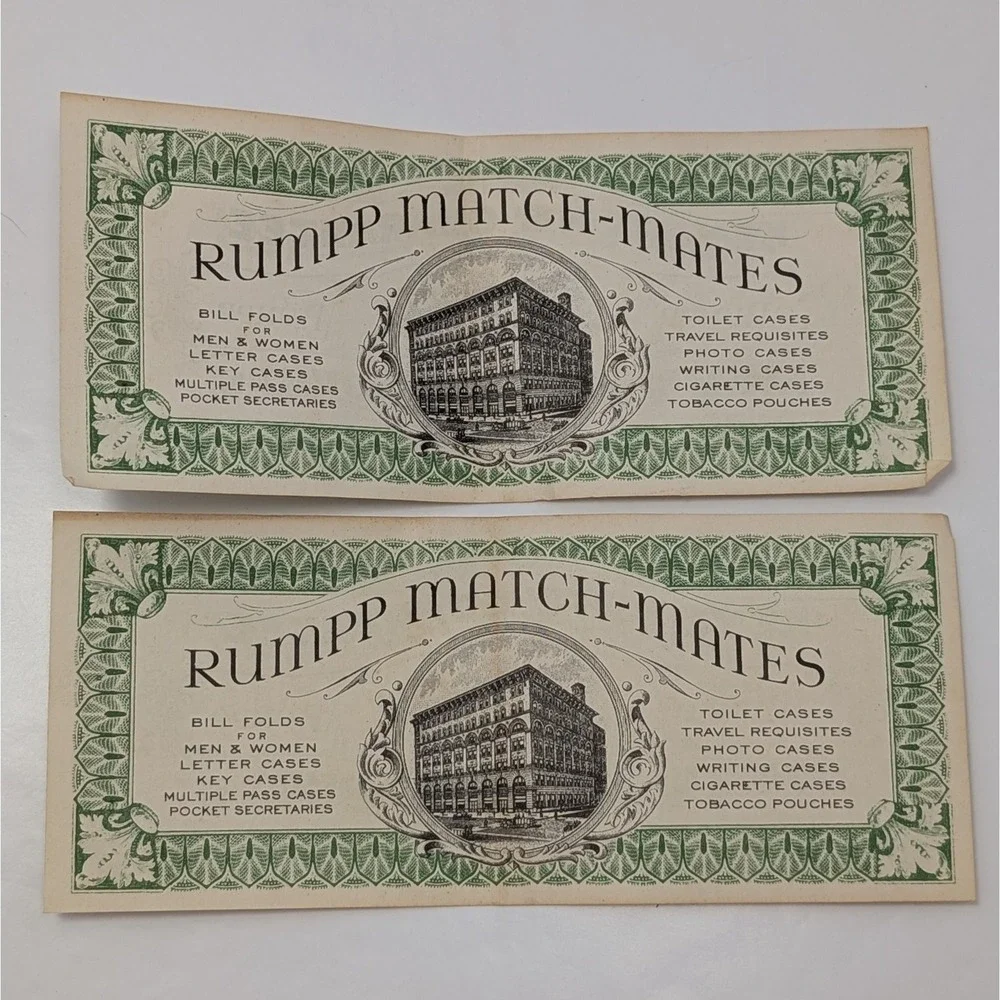 VTG Rumpp Brown Leather Billfold Wallet Match-Mates Dollar Bill Ads Gold Frame